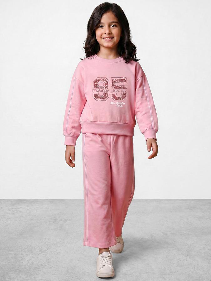 R&B Girls Pink Printed Long Sleeves Round Neck Sweatshirt& Joggers Set 