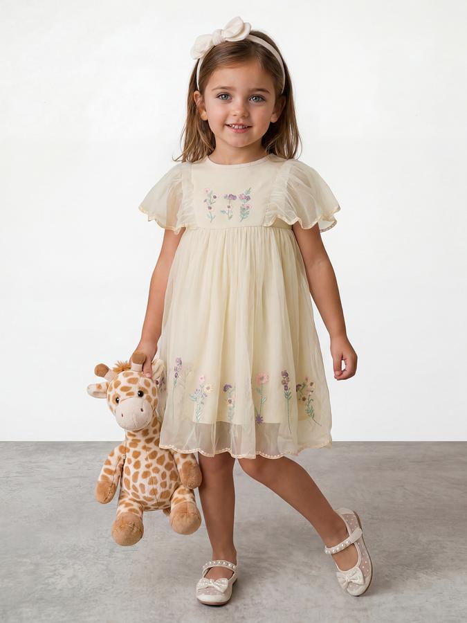 R&B Girl White Embroidery Floral Flutter Sleeves A-Line Dress