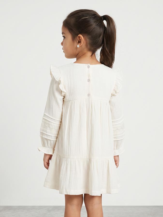 R&B Girl White Texture Pure Cotton Long Sleeves Fit and Flare Dress