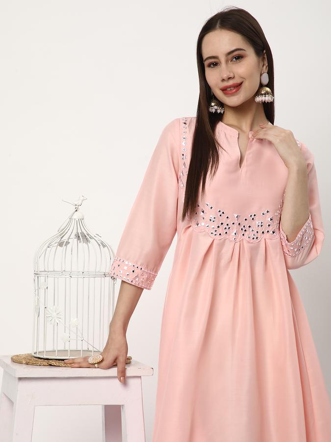 Women Poly Blend Regular Fit Mandarin Collar Embellished Kurta