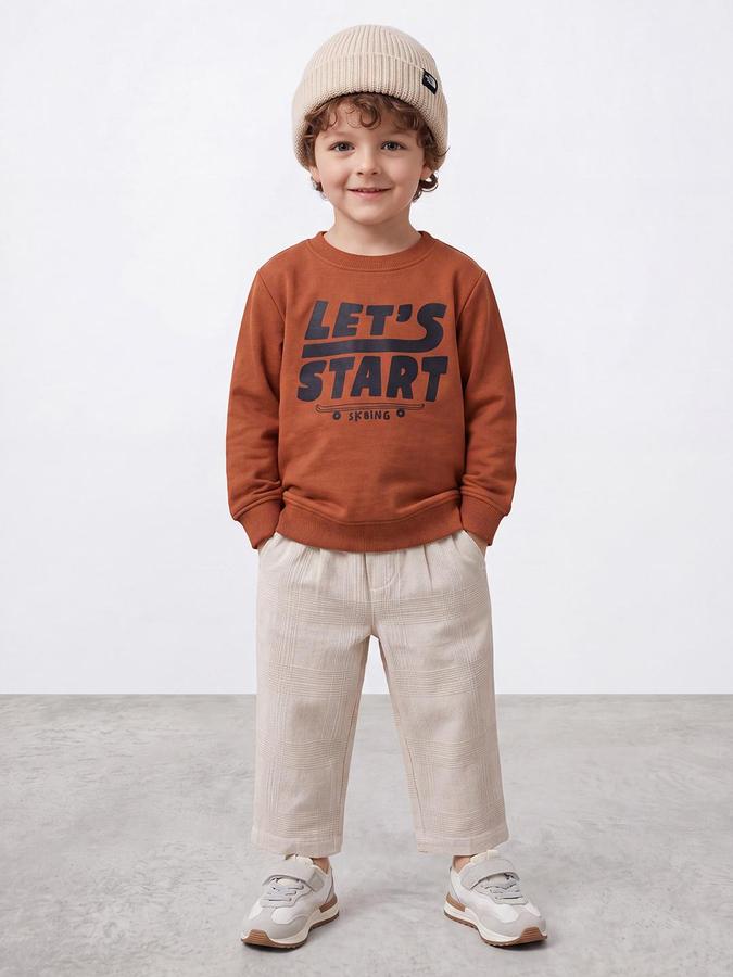 R&B Boys Light Brown Bold Graphic Round Neck Long Sleeves Regular Fit Sweatshirt