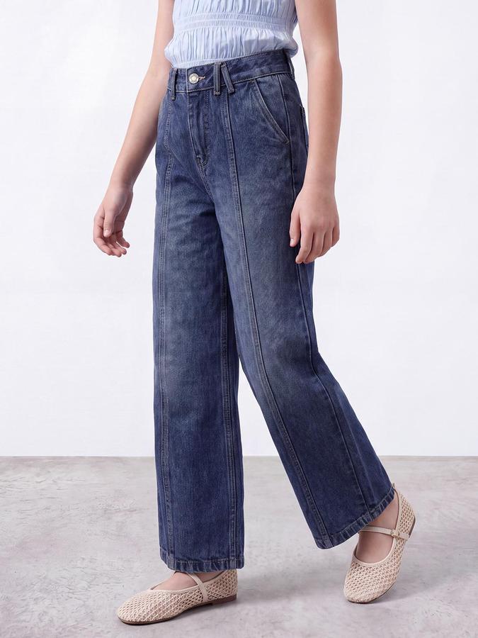 R&B Girls Blue Solid Wide Leg High Rise Jeans