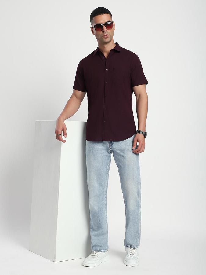 R&B Men Plum Spread Collar Short Sleeves Solid Shirt
