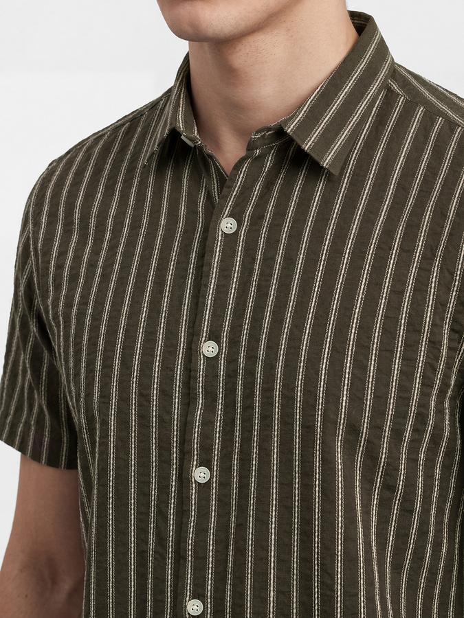 R&B Olive Striped Men Spread Collar Short Sleeves Shirt