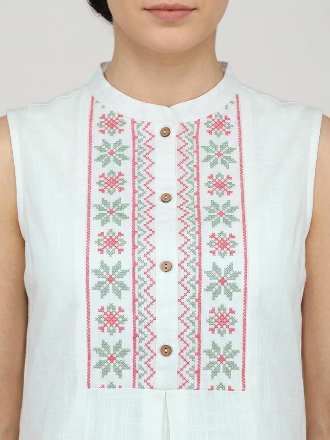 R&B Off White Embroidered Women Sleeveless Mandarin Collar Kurta
