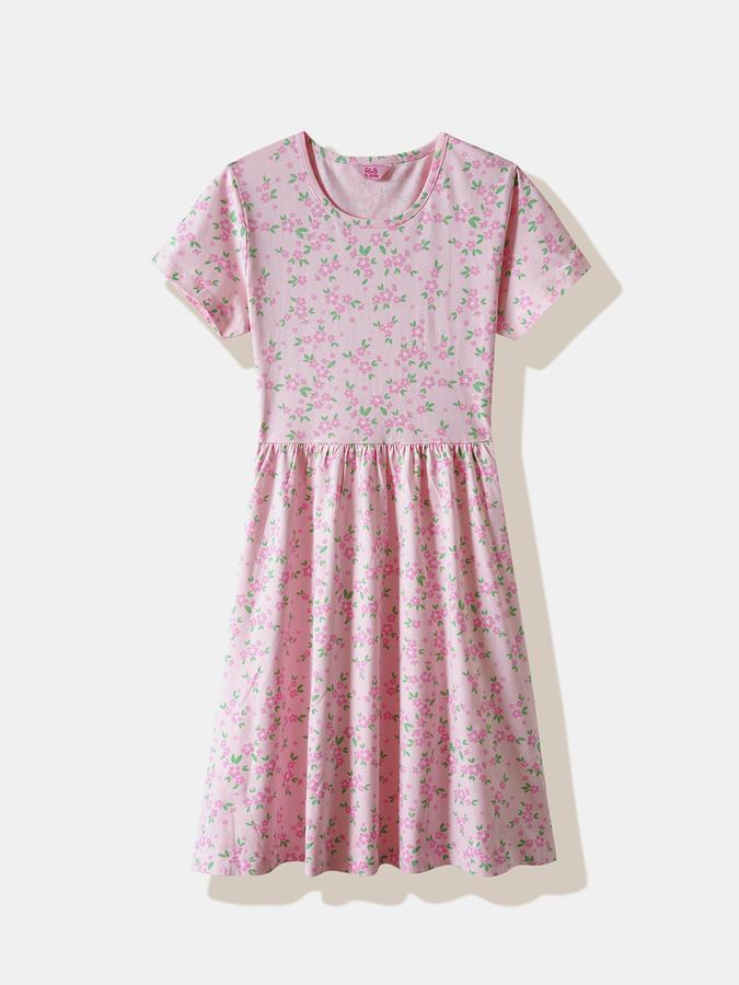 Girls Cotton Regular Fit Round Neck Floral Dress