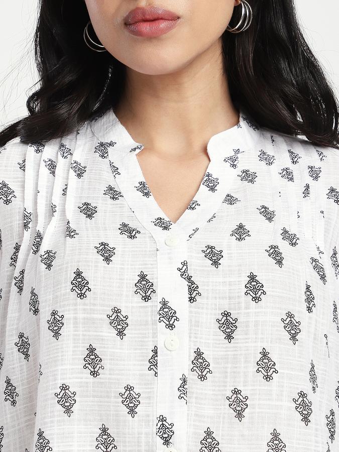 Women Cotton Relaxed Fit Band Collar Printed Top