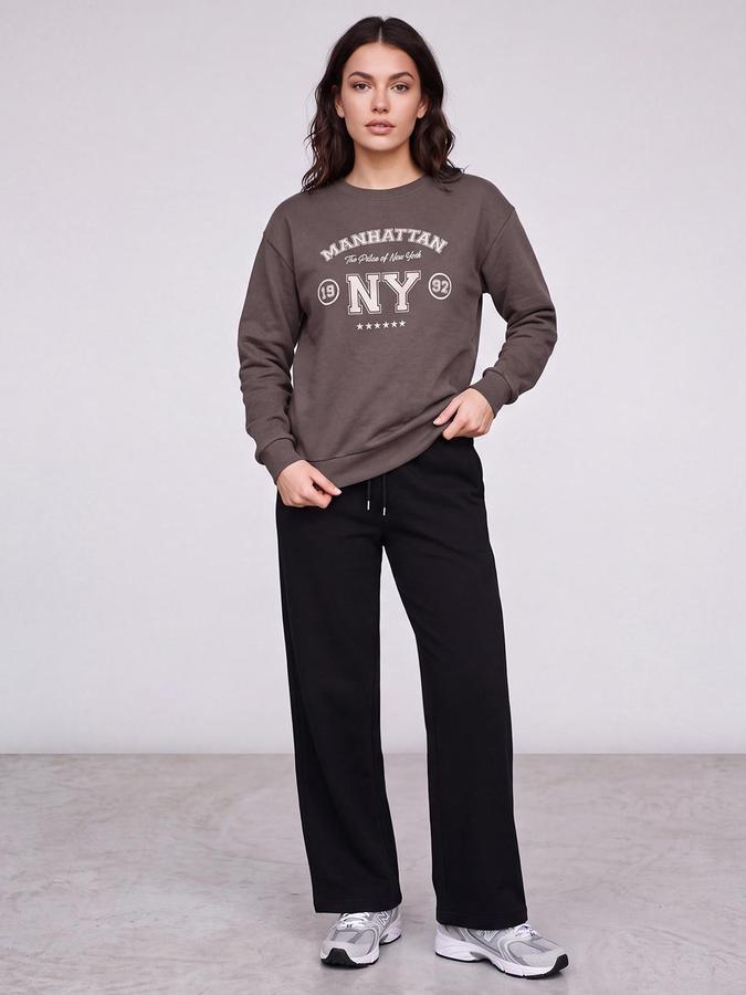 R&B Women Dark Brown Graphic Print Round Neck Long Sleeves Sweatshirt