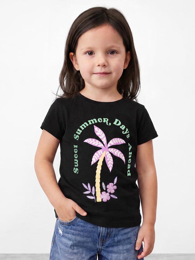 R&B Girls Black Beach Print Short Sleeves Round Neck Pure Cotton T-Shirt