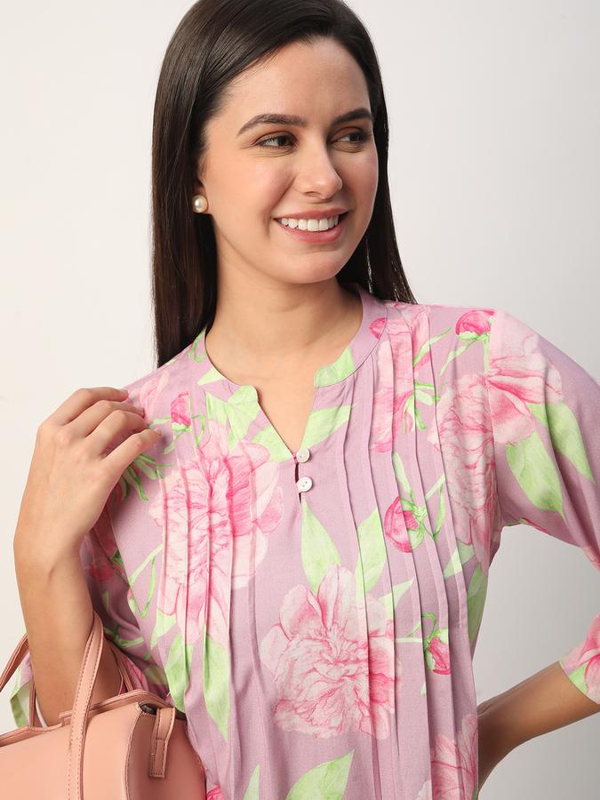 Women Rayon Regular Fit Mandarin Neck Printed Ethnic Top