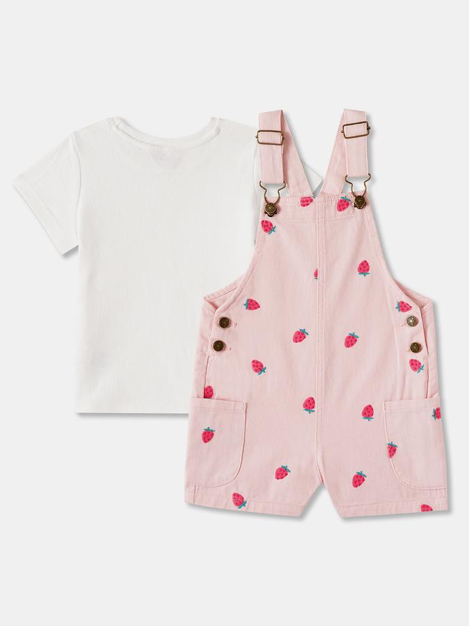 Girls Cotton Floral Adjustable Straps Straight Hem Dungaree