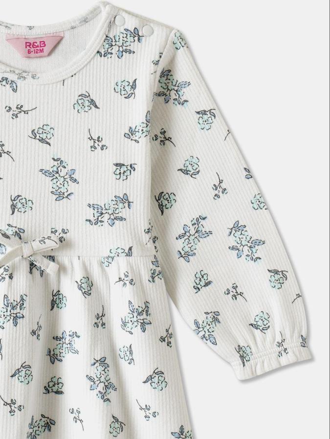 R&B White Floral Printed Girls Long Sleeves Dress