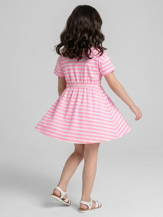 R&B Pink Striped Round Neck Short Sleeves Fit and Flare Mini Girls Dress