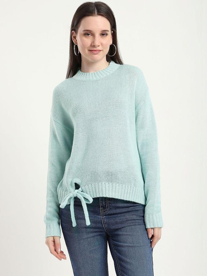 R&B Women Sea Green Round Neck Solid Long Sleeves Sweater