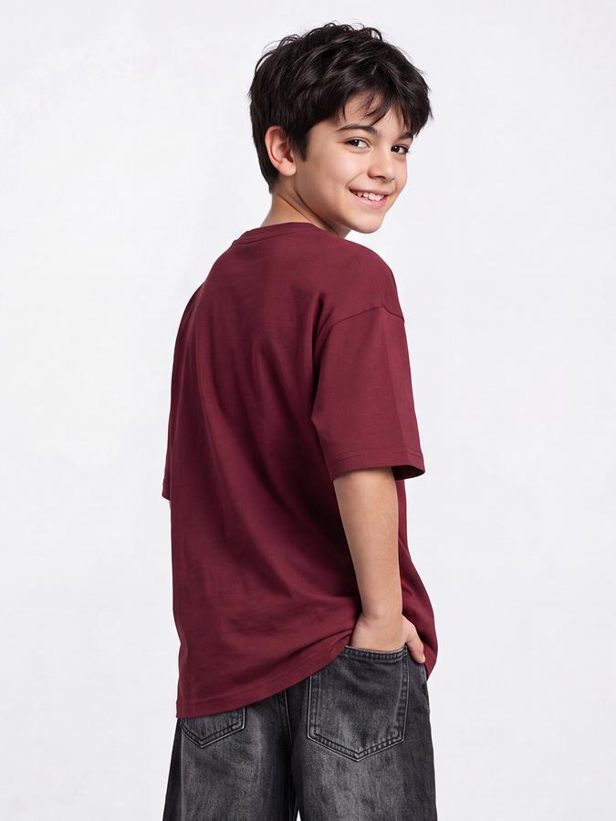 R&B Boys Maroon 3D Puff Print Drop-Shoulder Sleeves Tshirt
