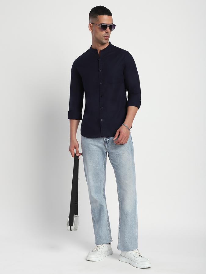 Men Cotton Slim Fit Mandarin Collar Solid Shirt