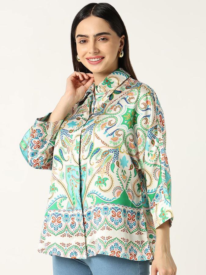 R&B Women Ivory Abstract Print Long Sleeves Shirt 