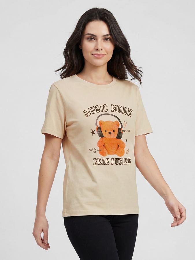 R&B Beige Graphic Print Women Round Neck Regular Fit Short Sleeves T-Shirt 