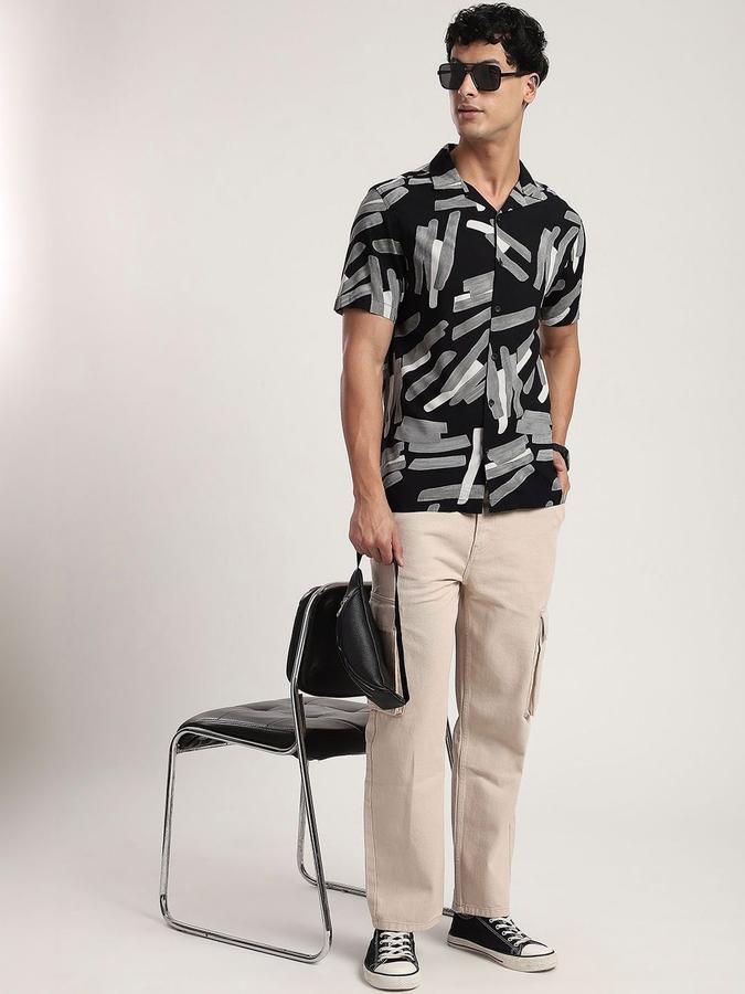 R&B Men Black Graphic Print Half Sleeves Cuban Collar Relaxed Fit Shirt