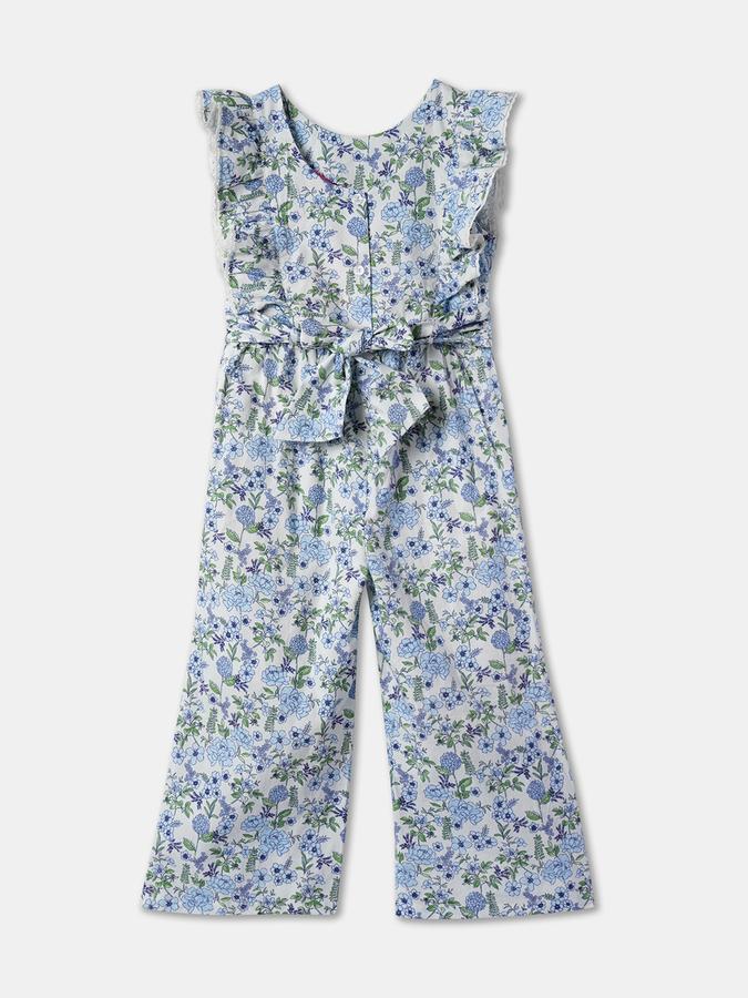 Girls Polyester Floral Print Ruffled Straps Buttoned Hem Dungaree