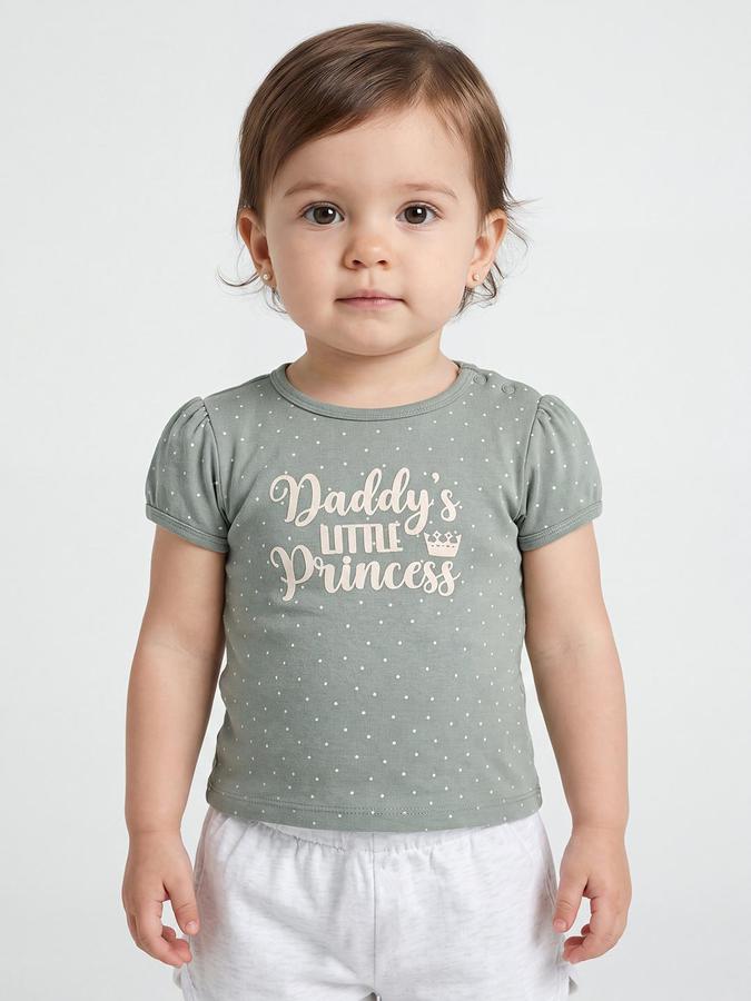 R&B Girls Green Typography Print Short Sleeves Round Neck Pure Cotton T-Shirt