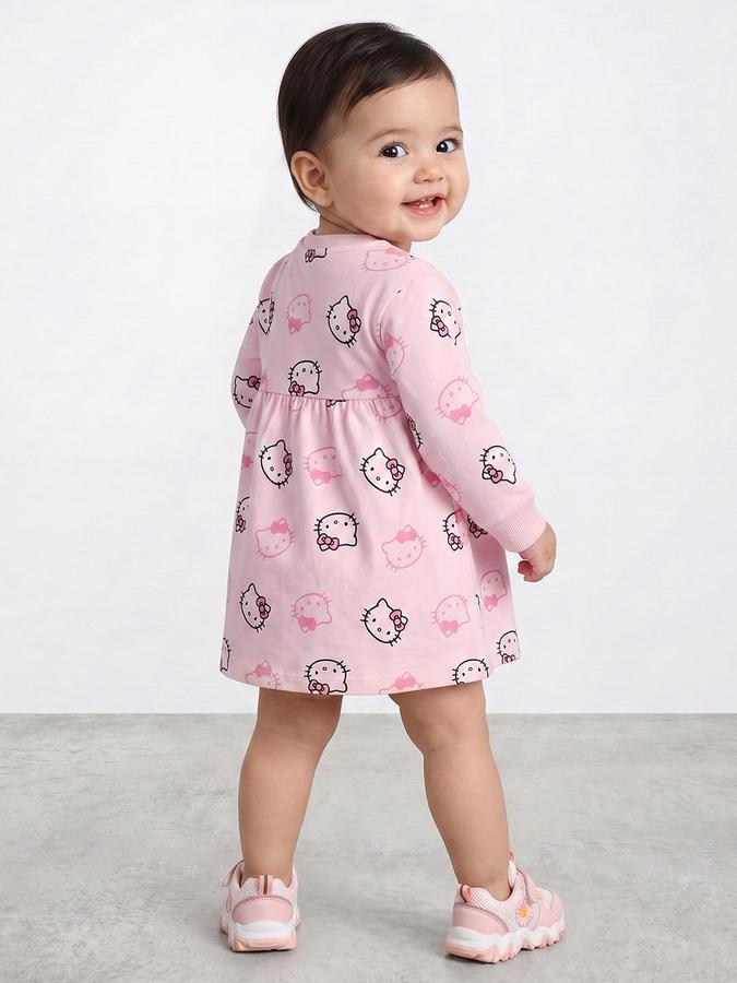 R&B Girls Light Pink Hello Kitty Cartoon Character Print Fit and Flare Dress