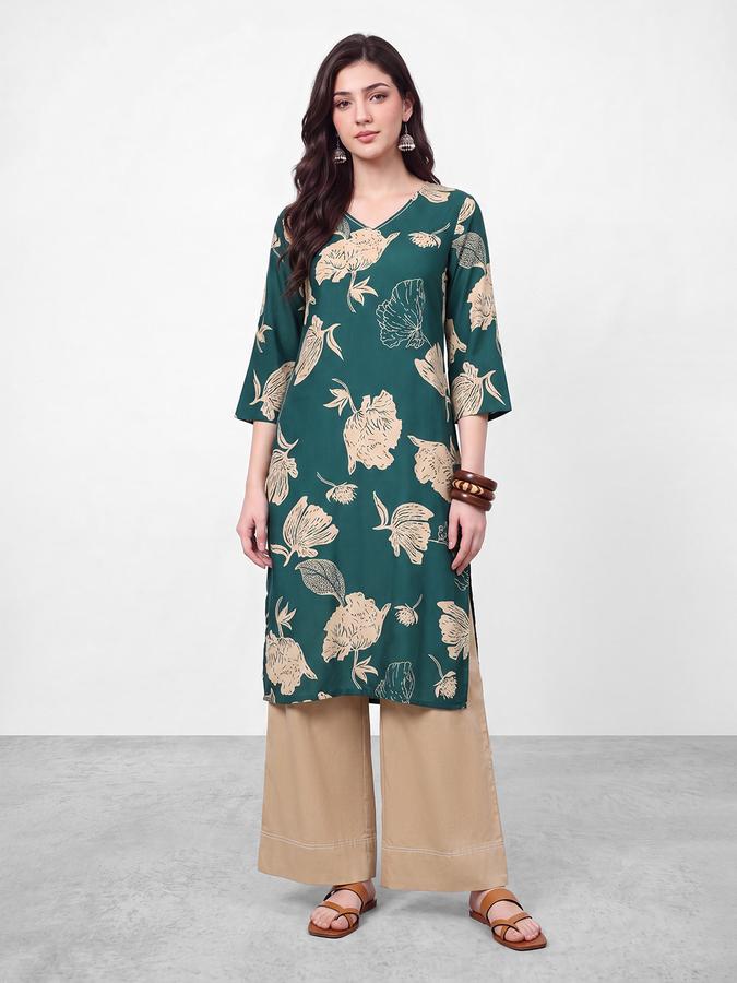 R&B Womens Teal Green Three-Quarter Sleeves V Neck Floral Printed Straight Kurta