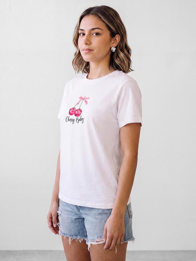 R&B Women White Cherry Print Short Sleeves Round Neck Pure Cotton T-Shirt