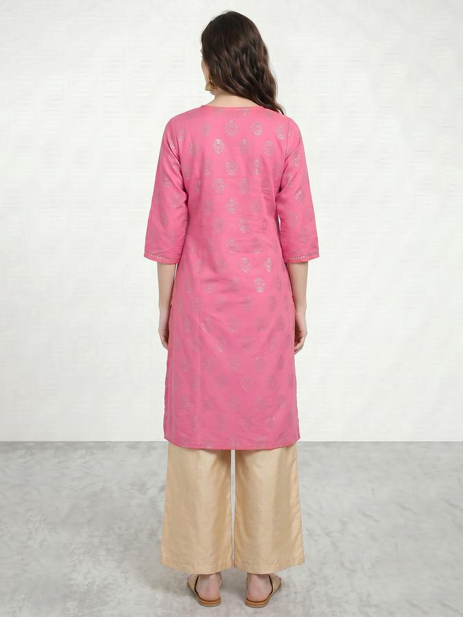 R&B Viscose Pink Embroidered Round Neck Women Kurtas