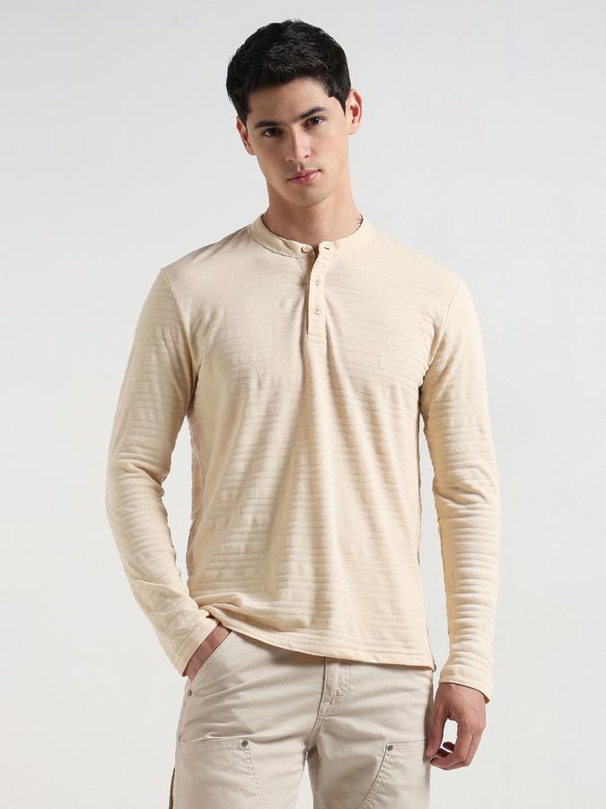 Men Cotton Blend Regular Fit Henley Textured T-shirt