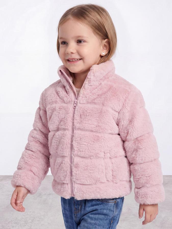 R&B Girls Pink Self Design Raised Collar Fur Jacket