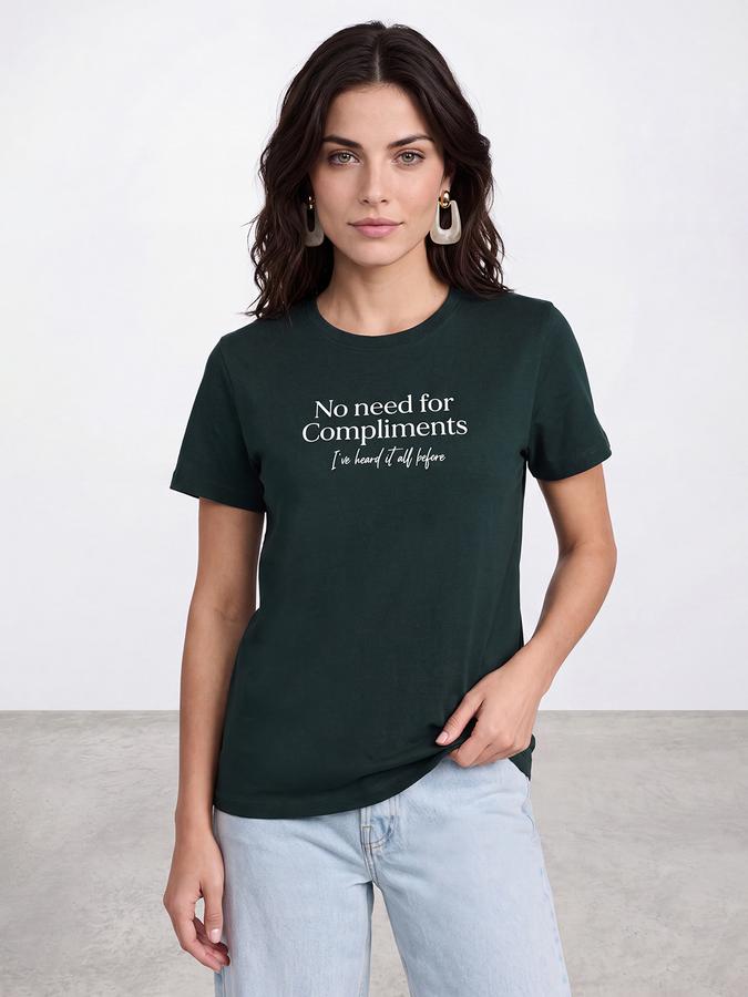 R&B Women Pine Green Bold Typographic Print Short Sleeves Pure Cotton Tshirt