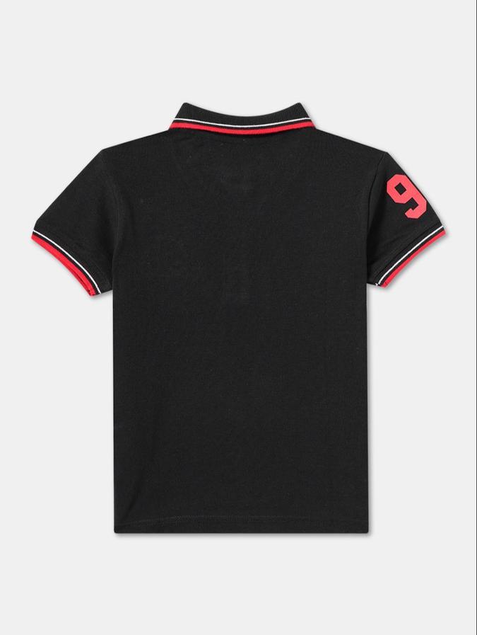 R&B Black Cotton Polo Collar Printed Boy T-Shirt