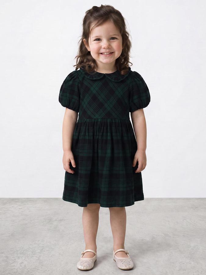 R&B Girls Green Checked Frilled Collar Dress