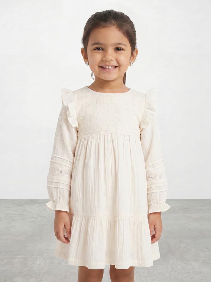 R&B Girl White Texture Pure Cotton Long Sleeves Fit and Flare Dress