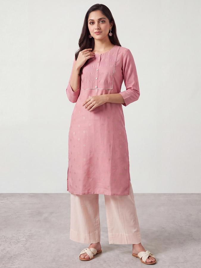 R&B Women Dusty Pink Round Neck 3/4 Sleeves Pintuck Straight Kurta