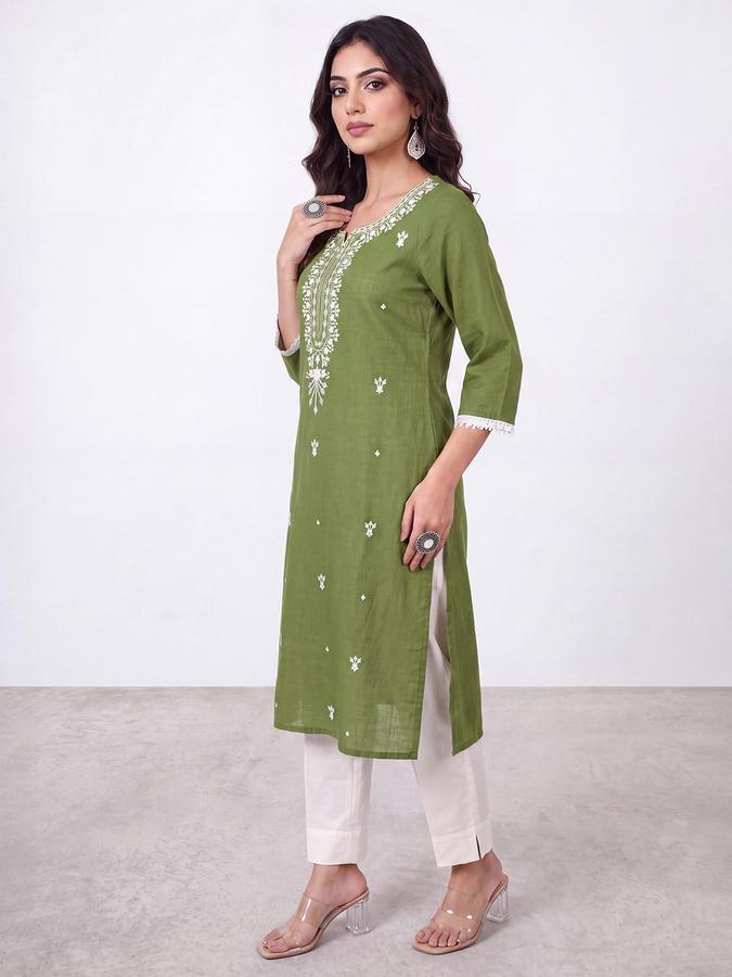 R&B Women Green Floral Embroidery Round Neck Three-Quarter Sleeves Ethinic Kurta