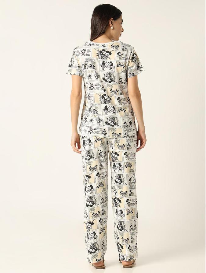 R&B Beige Cartoon Printed Women Night Suit