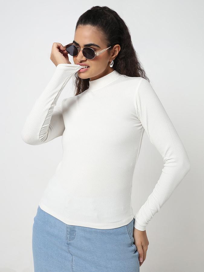 R&B Women Ivory Solid Ribbed Top