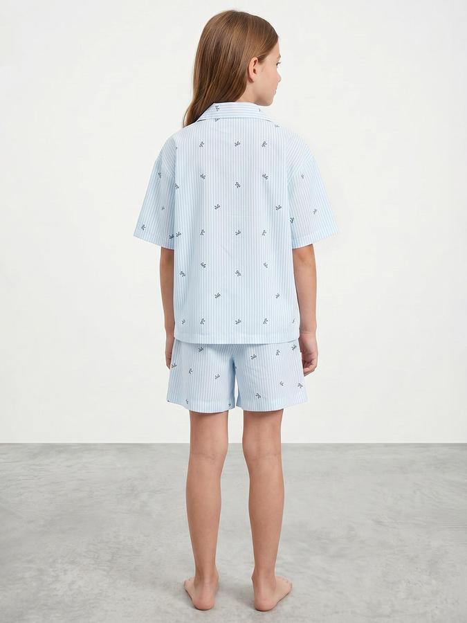 R&B Girls Blue Striped Shirt Collar Short Sleeves Pure Cotton Shirt &amp; Shorts Set