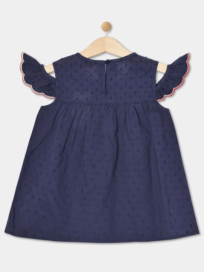 Girls Cotton Relaxed Fit Crew Neck Flutter Sleeve Embroidered Top