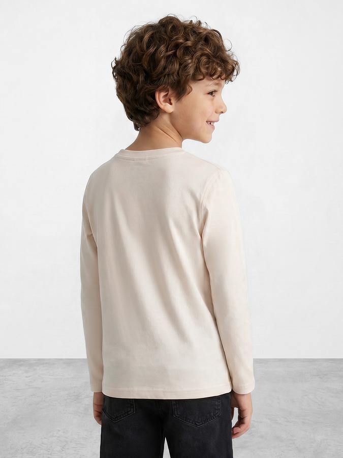 R&B Boys Beige Long Sleeves Round Neck Game On Football Graphics Pure Cotton T-Shirt