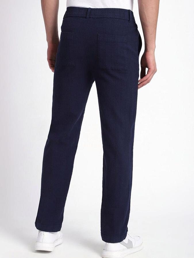 R&B Men Navy Self Design Regular Fit Trousers
