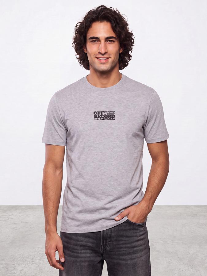 R&B Men Grey Melange Typographic Print Short Sleeves Pure Cotton Tshirt