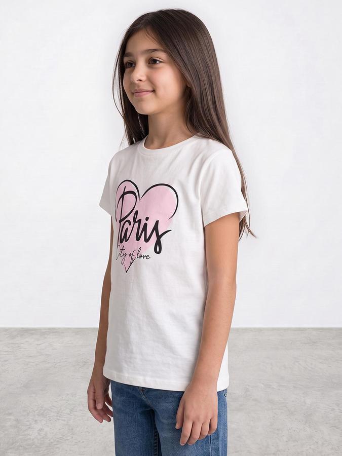 R&B Girls White Graphic Print Short Sleeves Round Neck Pure Cotton T-Shirt