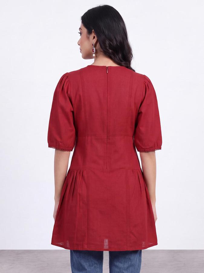 R&B Women Maroon Floral Embroidered Round Neck Short Sleeves Ethnic Tunics