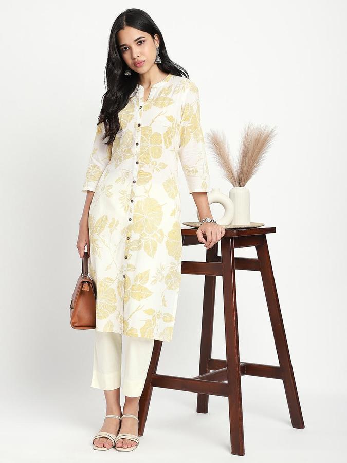 R&B Women Yellow Floral Print V-Neck Knee Length Pure Cotton Ethnic Kurta