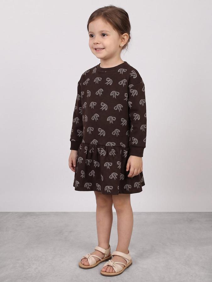 R&B Girls Brown Bow Print Fit and Flare Dress