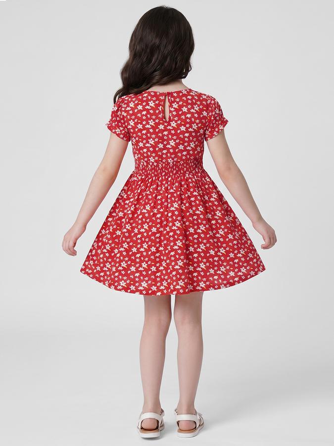R&B Red Floral Print Round Neck Short Sleeves Fit and Flare Mini Girls Dress