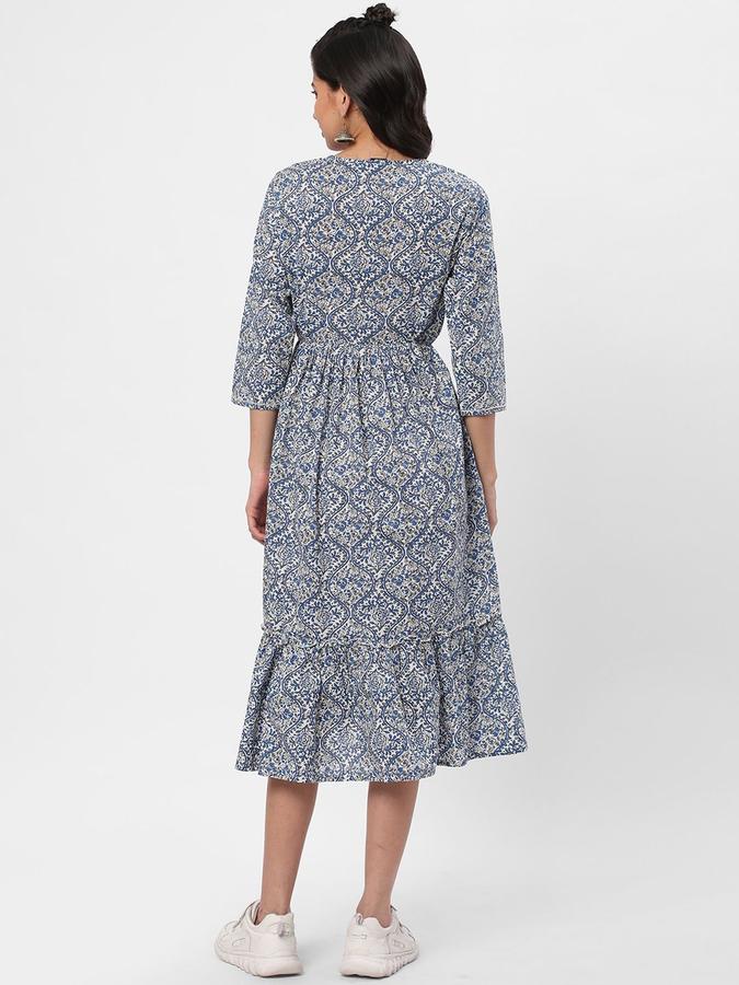 R&B Women Blue Printed Three Quarter Sleeves Fit &amp; Flared Knee Length Ethnic Dress
